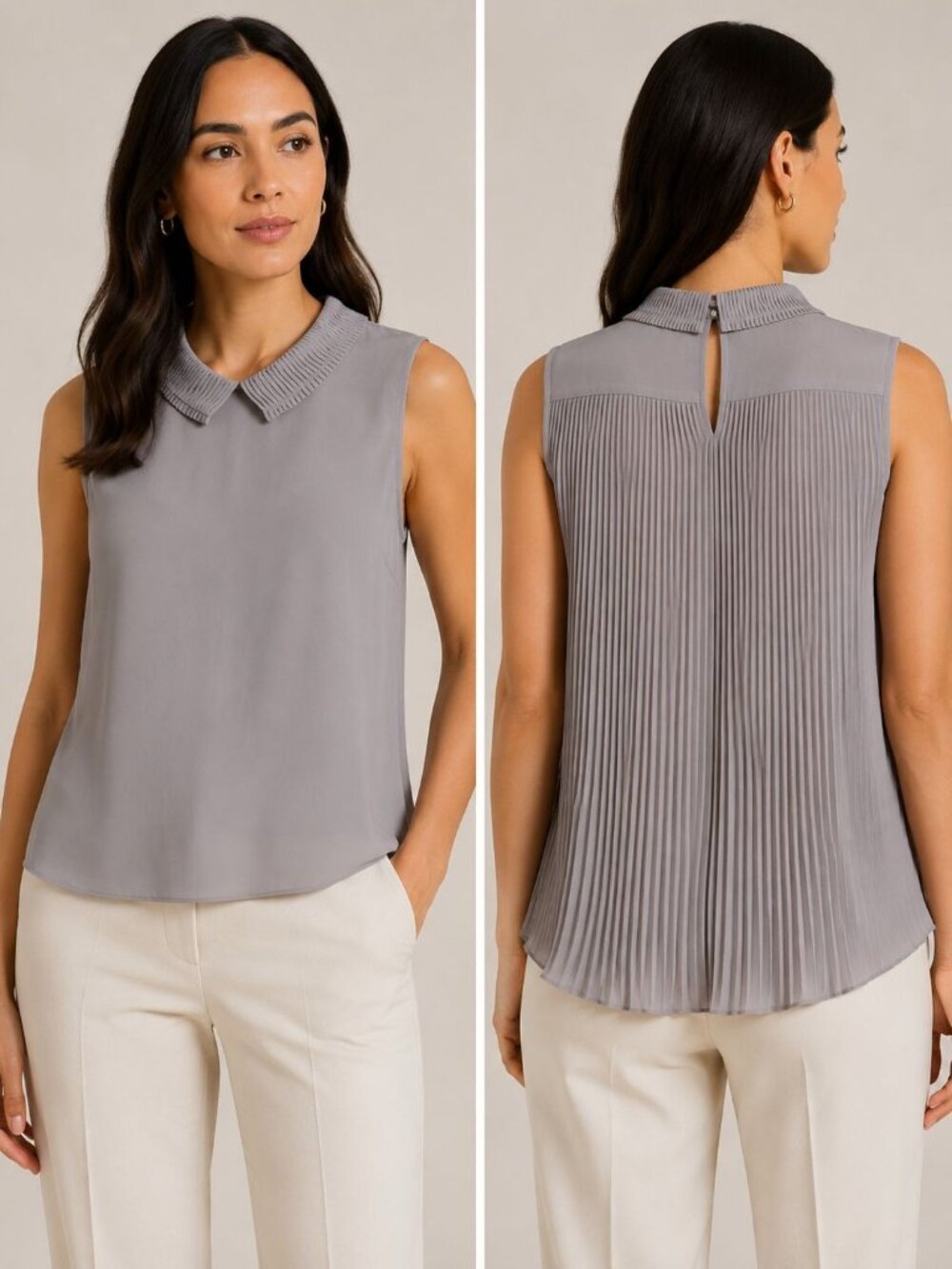 Ted Baker Women's Soft Gray ALIMA Pleated Collar/Back Sleeveless Blouse Size 3